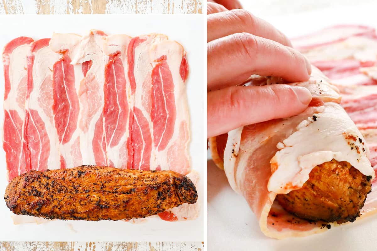 a collage showing how to make bacon wrapped pork tenderloin by laying out strips of pork on a cutting board, then wrapping the pork tenderloin