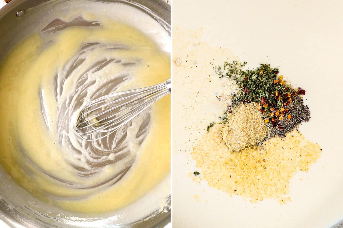a collage showing how to make best baked macaroni and cheese recipe by making a roux with flour then adding seasonings 