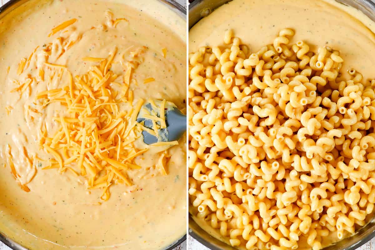 a collage showing how to make baked macaroni and cheese with bread crumbs by stirring the cheese into the sauce then adding the pasta