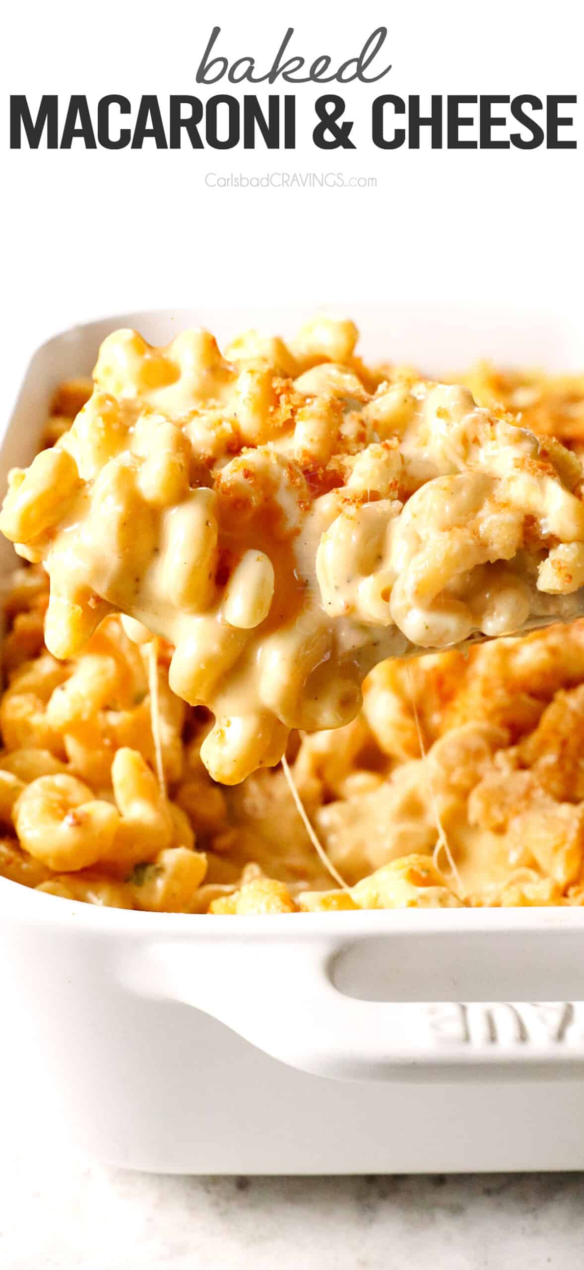 up close of serving best Baked Macaroni and Cheese showing how cheesy it is