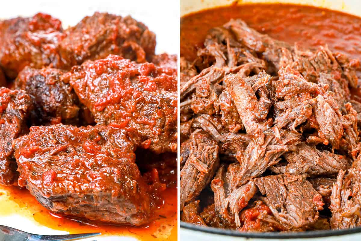 a collage showing how to make beef ragu by shredding the beef and returning to the ragu sauce