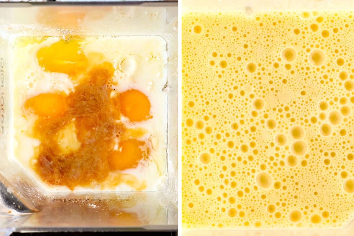 a collage showing how to make German Pancake recipe (Dutch Baby) by blending milk, eggs, flour, sugar, vanilla in a blender