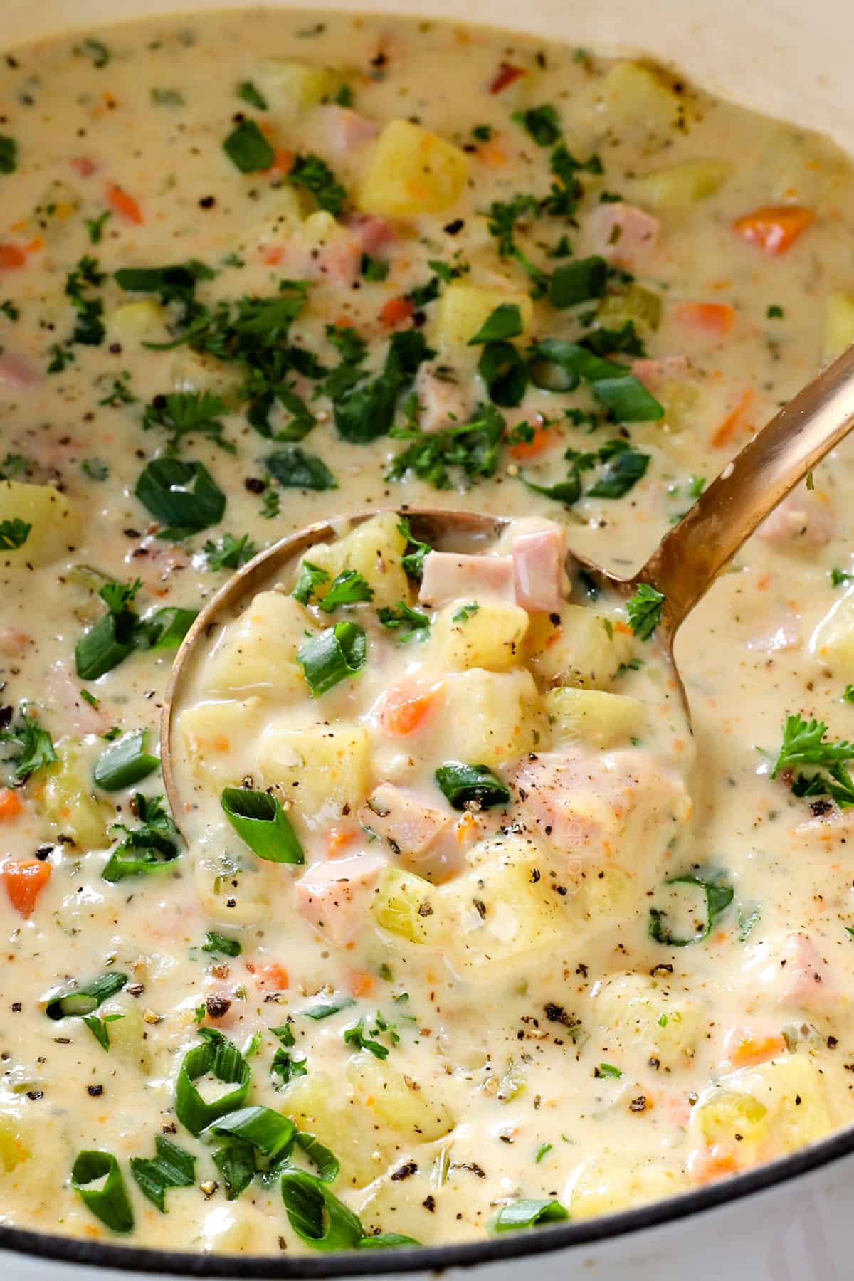 up close of ham and potato soup recipe showing how creamy it is