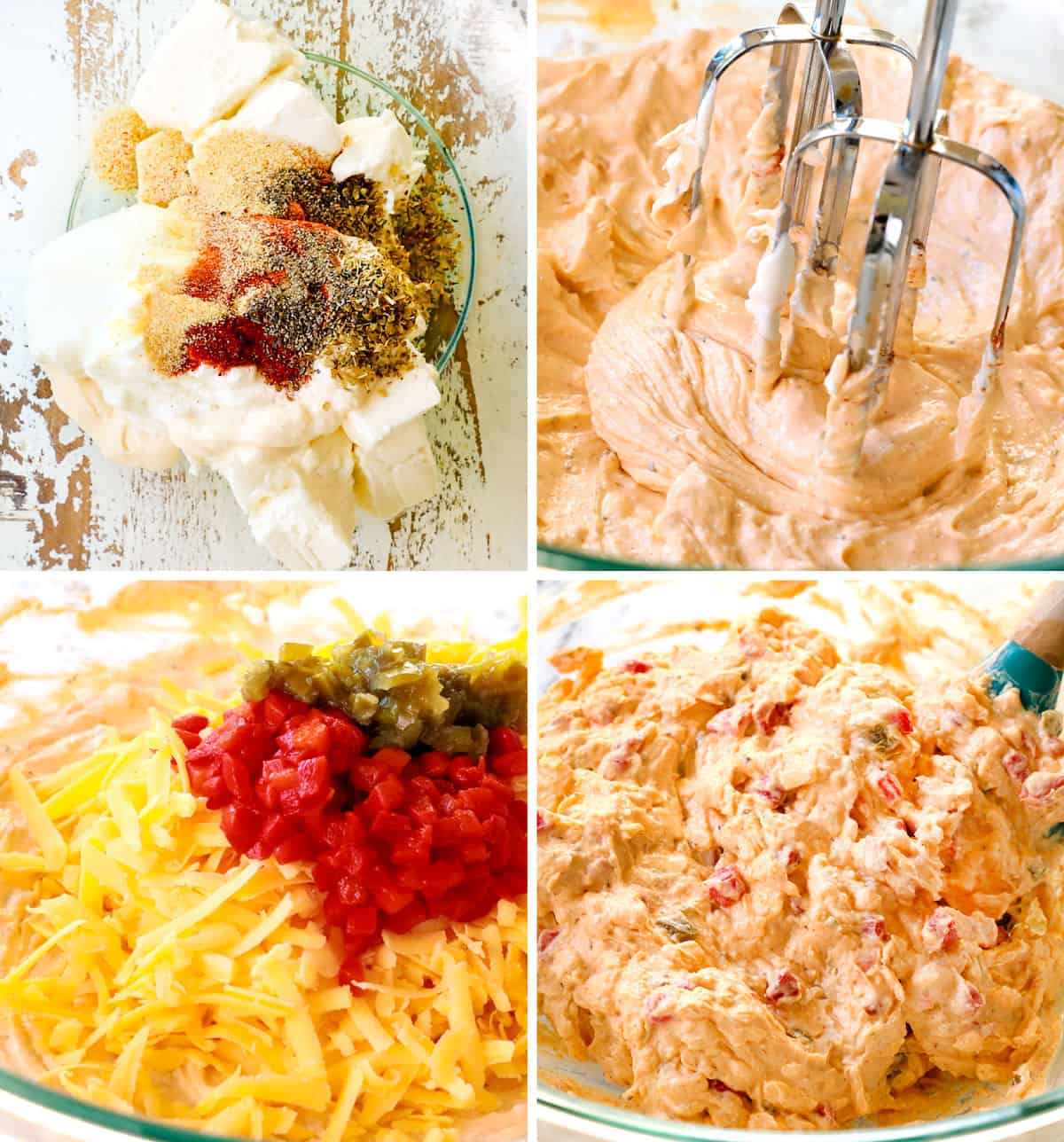 a collage showing how to make pimento cheese by 1) adding cream cheese, sour cream, mayonnaise and spices to a bowl, blending with a mixer, then stirring in pimentos, sharp cheddar cheese and jalapenos