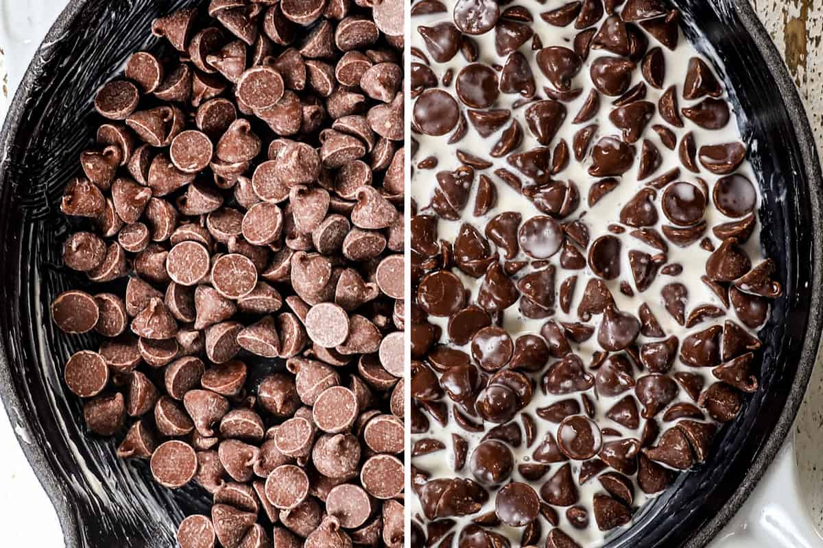 how to make s'mores dip by adding chocolate chips and heavy cream to a skillet 