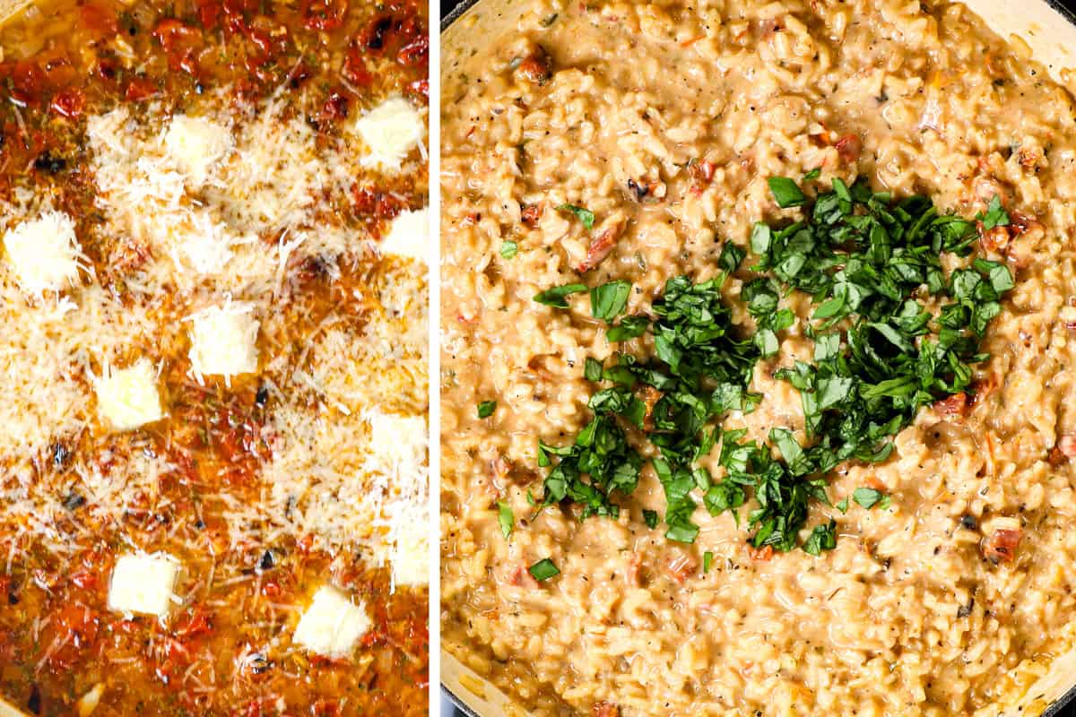 a collage showing how to make shrimp risotto by adding butter and Parmesan to the baked risotto, then stirring vigorously, then adding fresh basil