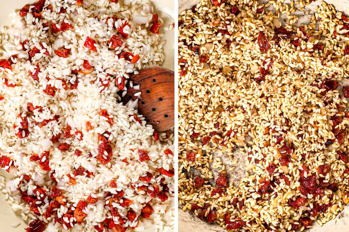 a collage showing how to make shrimp risotto by sautéing rice, shallots and sun dried tomatoes  