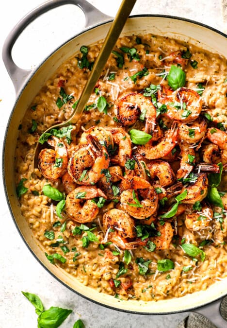 showing how to make shrimp risotto by adding shrimp to top of risotto