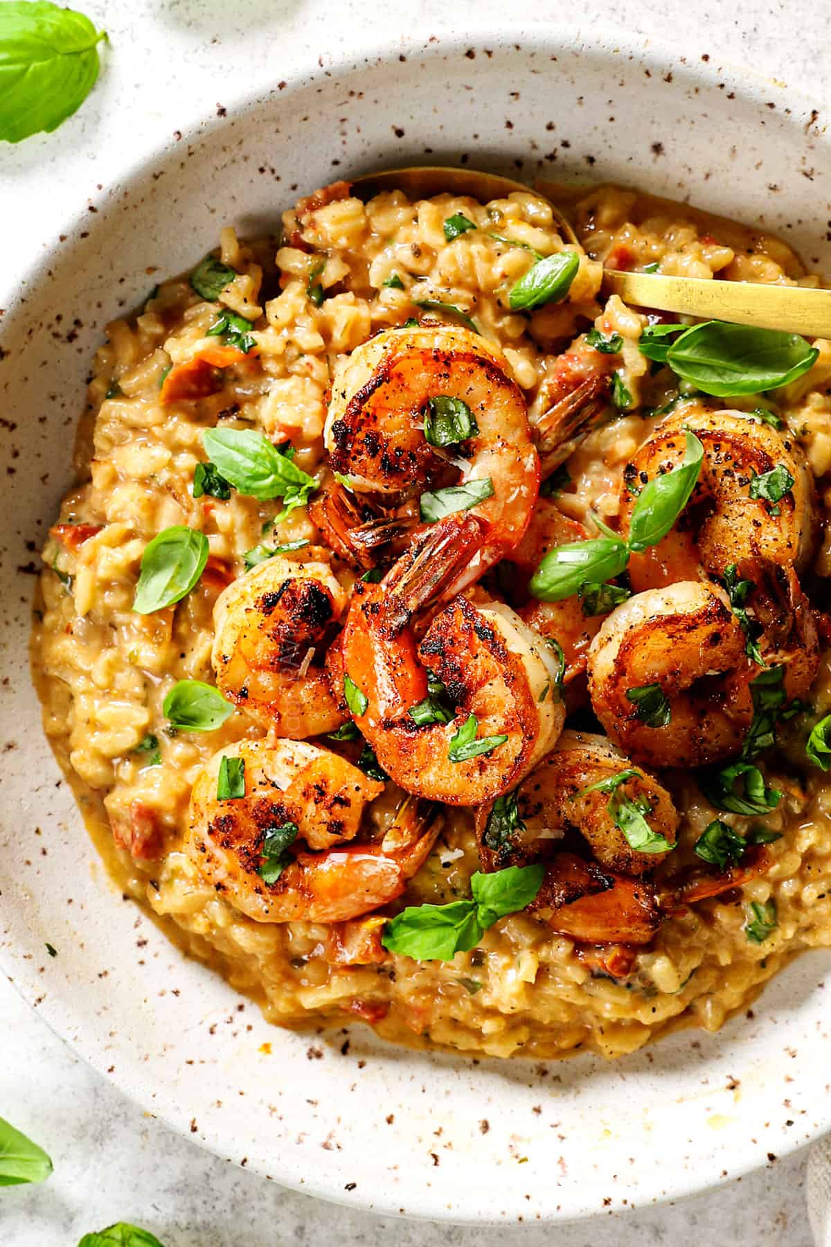 top view of best shrimp risotto recipe that's super creamy