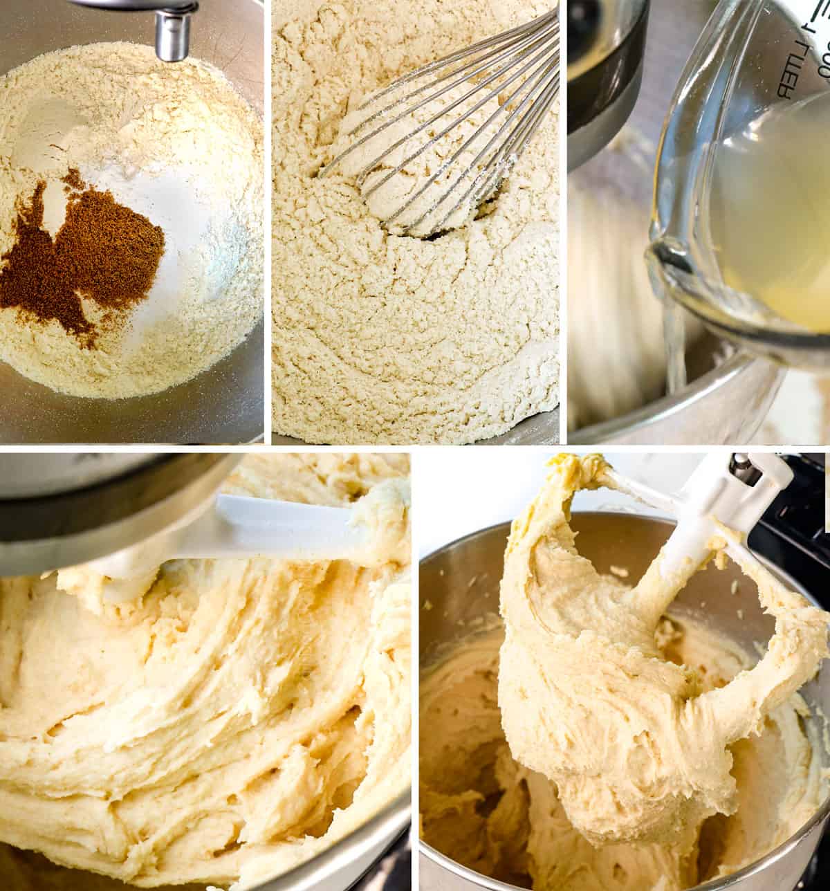 a collage showing how to make tamales by 1) whisking together masa harina and oil, then mixing until fluffy