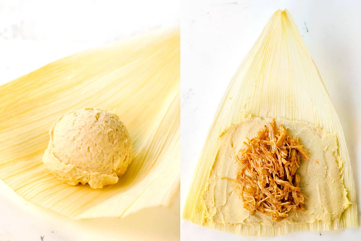 a collage showing how to make tamales by adding masa to the corn husk, spreading into a square, then adding the chicken or pork filling