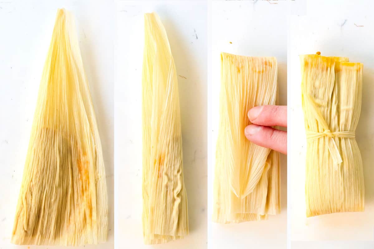 a collage showing how to make tamales by folding in 4 steps: 1) fold one side over to the middle, 2) fold the other side to the middle, 3) fold the corn husk in half, 4) tie with a string of the corn husk