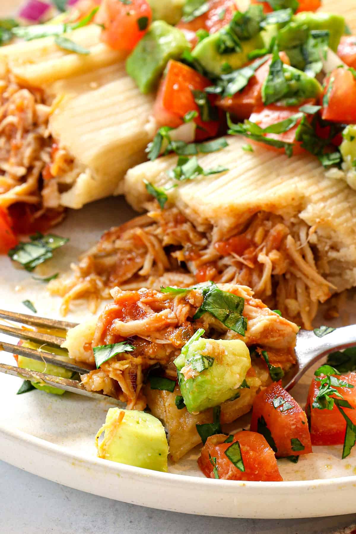 up close of eating tamale recipe with chicken