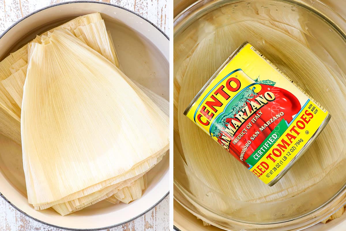 showing how to make tamales by soaking corn husks in a pot with warm water