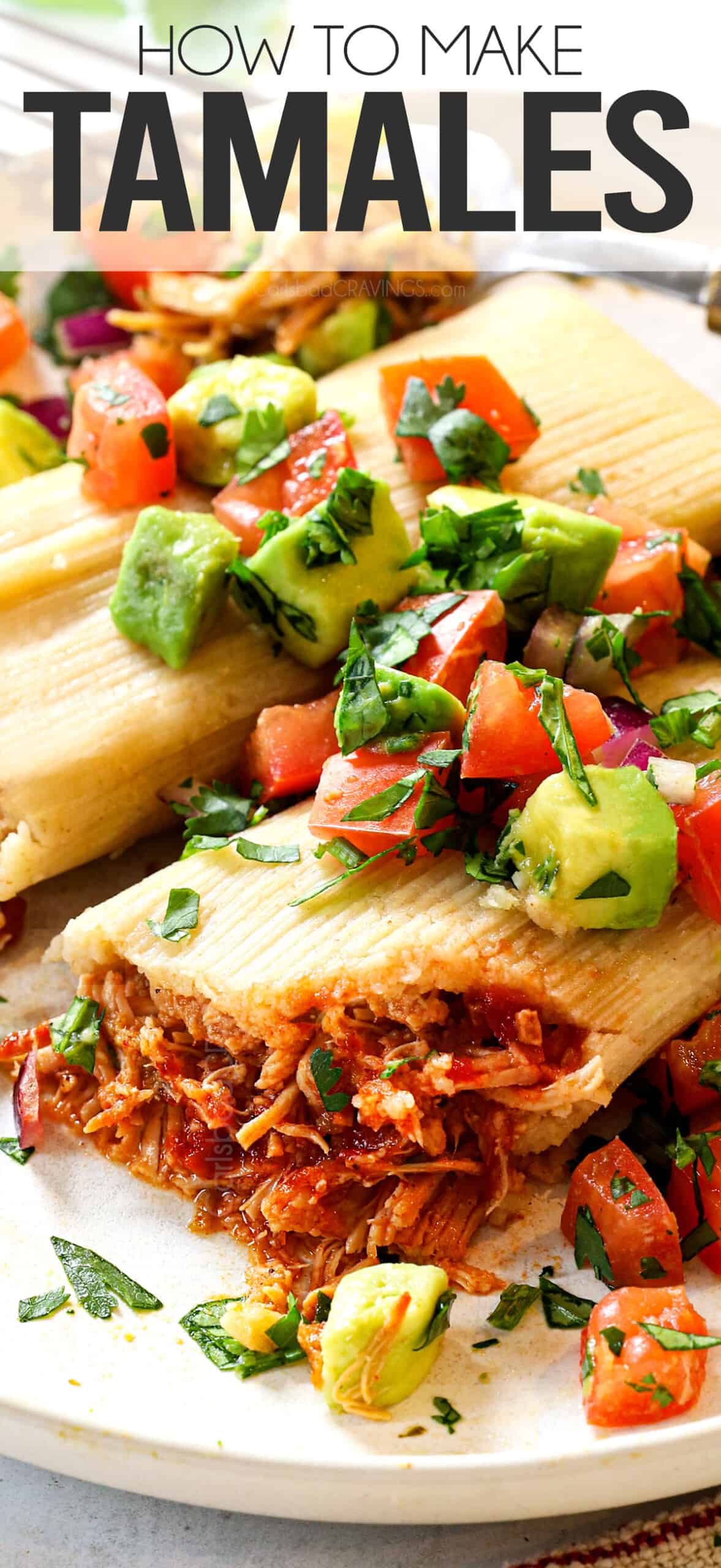 showing how to serve Mexican tamales by topping with pico de gallo and sour cream