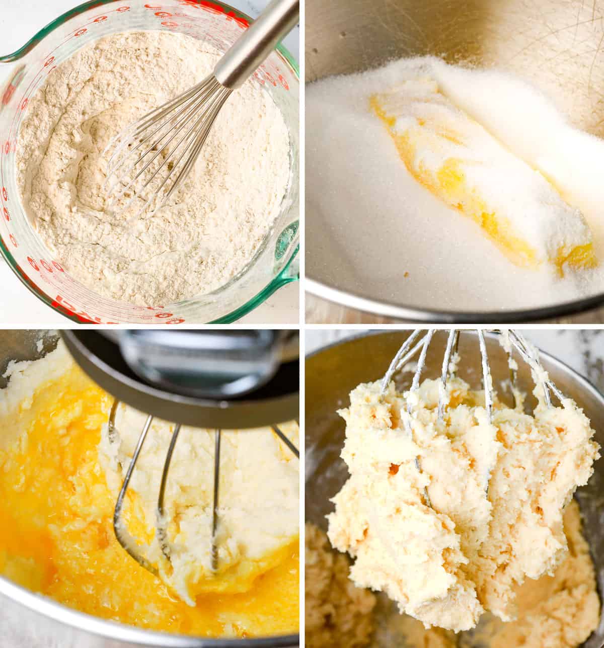 a collage showing how to make sugar cookie bars by 1) mixing dry ingredients together, 2) creaming butter and sugar, 3) beating in eggs and vanilla, 4) mixing until fluffy