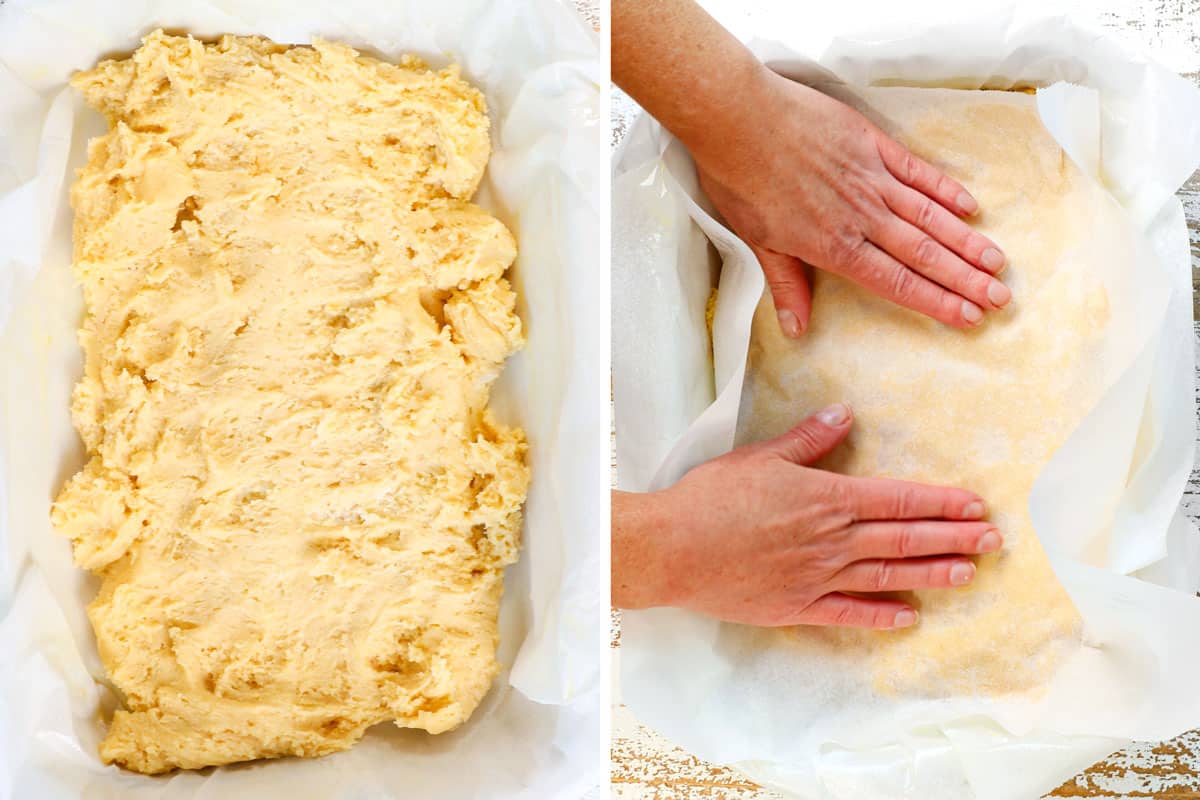 a collage showing how to make sugar cookie bars by pressing dough into the bottom of 9x13 pan