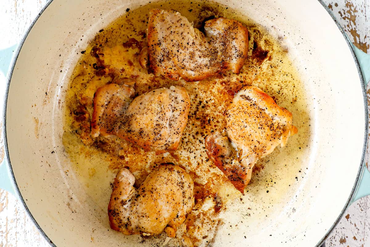 showing how to make traditional Avgolemono Soup recipe (Greek Lemon Chicken Soup) by searing the chicken until golden