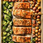 top view of serving honey mustard salmon with potatoes and broccoli