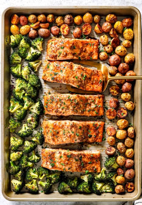 top view of serving honey mustard salmon with potatoes and broccoli