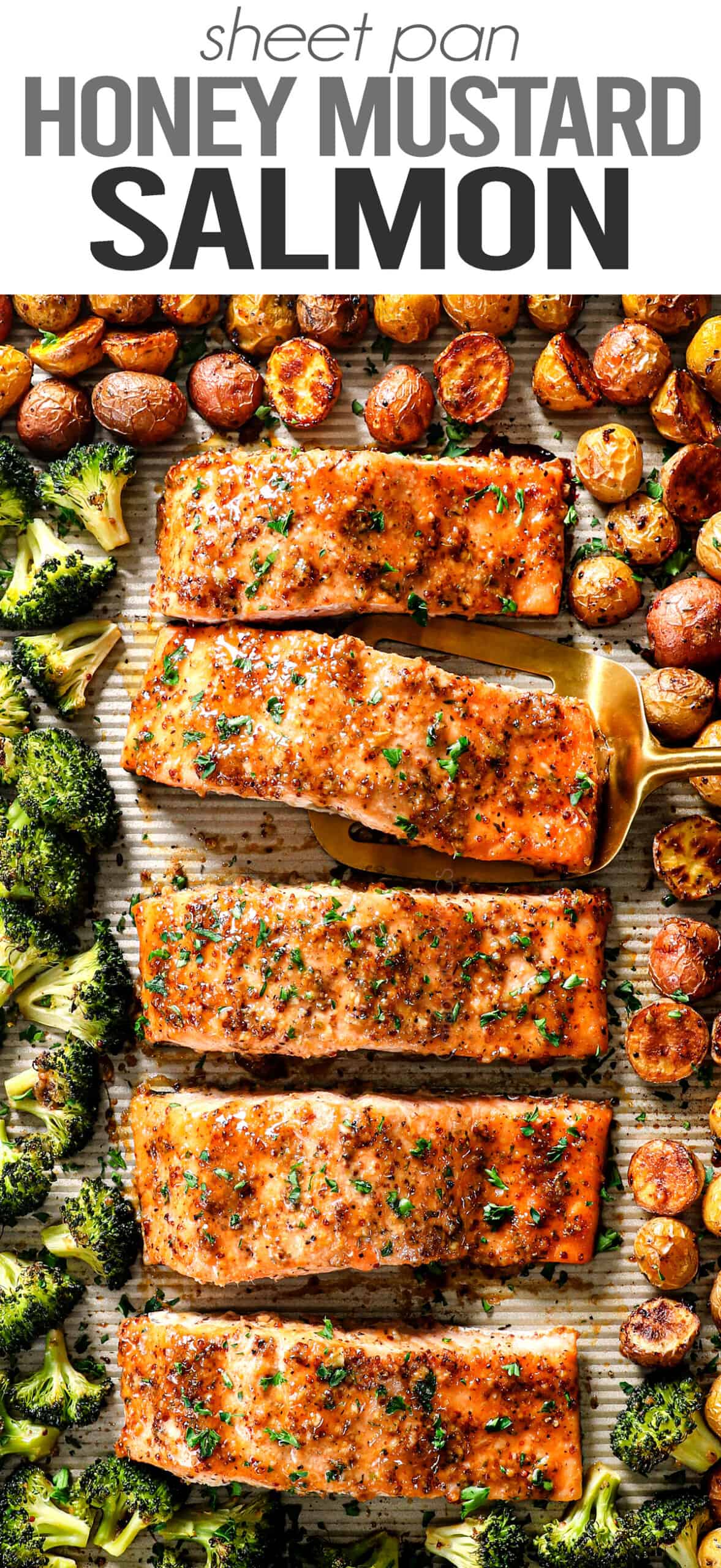 honey mustard salmon baked on a sheet pan with broccoli and potatoes
