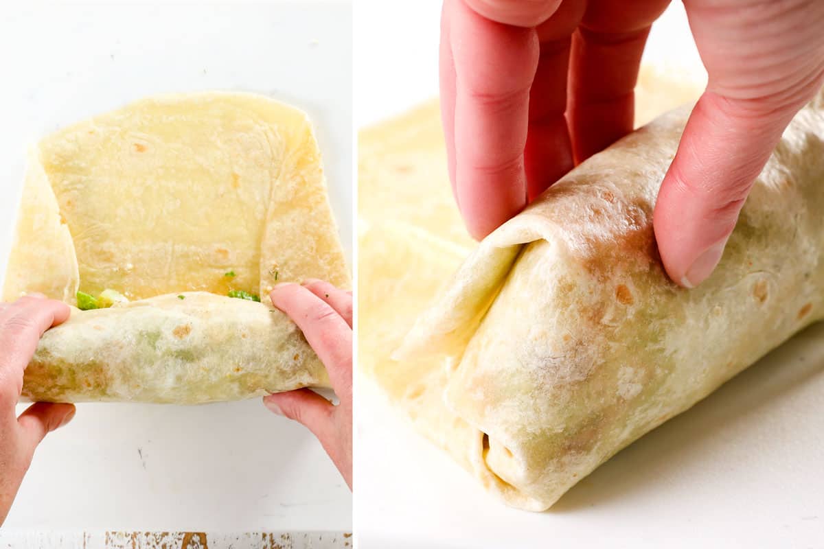 a collage showing how to wrap chicken wraps up burrito style by folding in the sides then rightly rolling