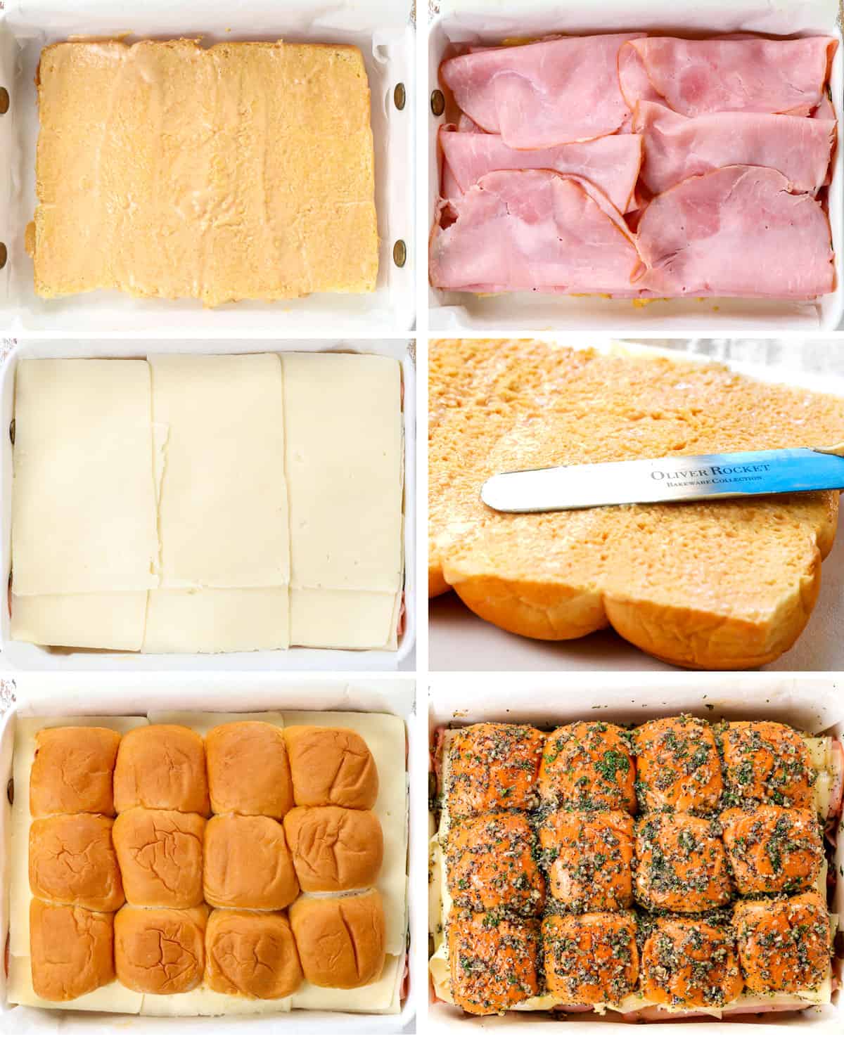 a collage showing how to make ham and cheese sliders recipe by 1) spreading honey mustard on bottom of rolls, 2) layering with ham , 3) layering with Swiss cheese, 4) spreading honey mustard on top buns, 5) adding the top buns, 6) drizzling with poppy seed butter