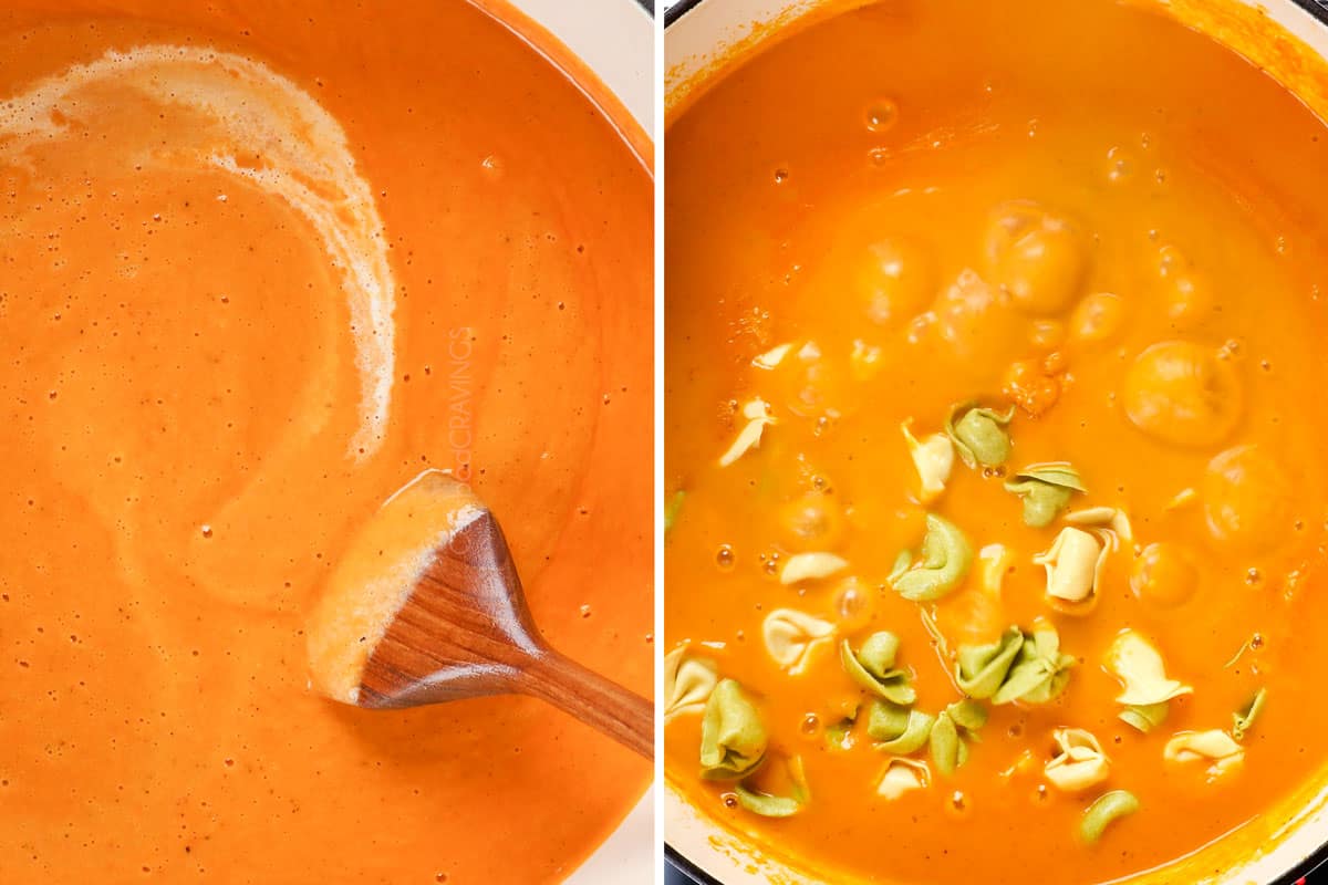 a collage showing how to make tomato tortellini soup recipe by stirring in half and half, then simmering the tortellini 