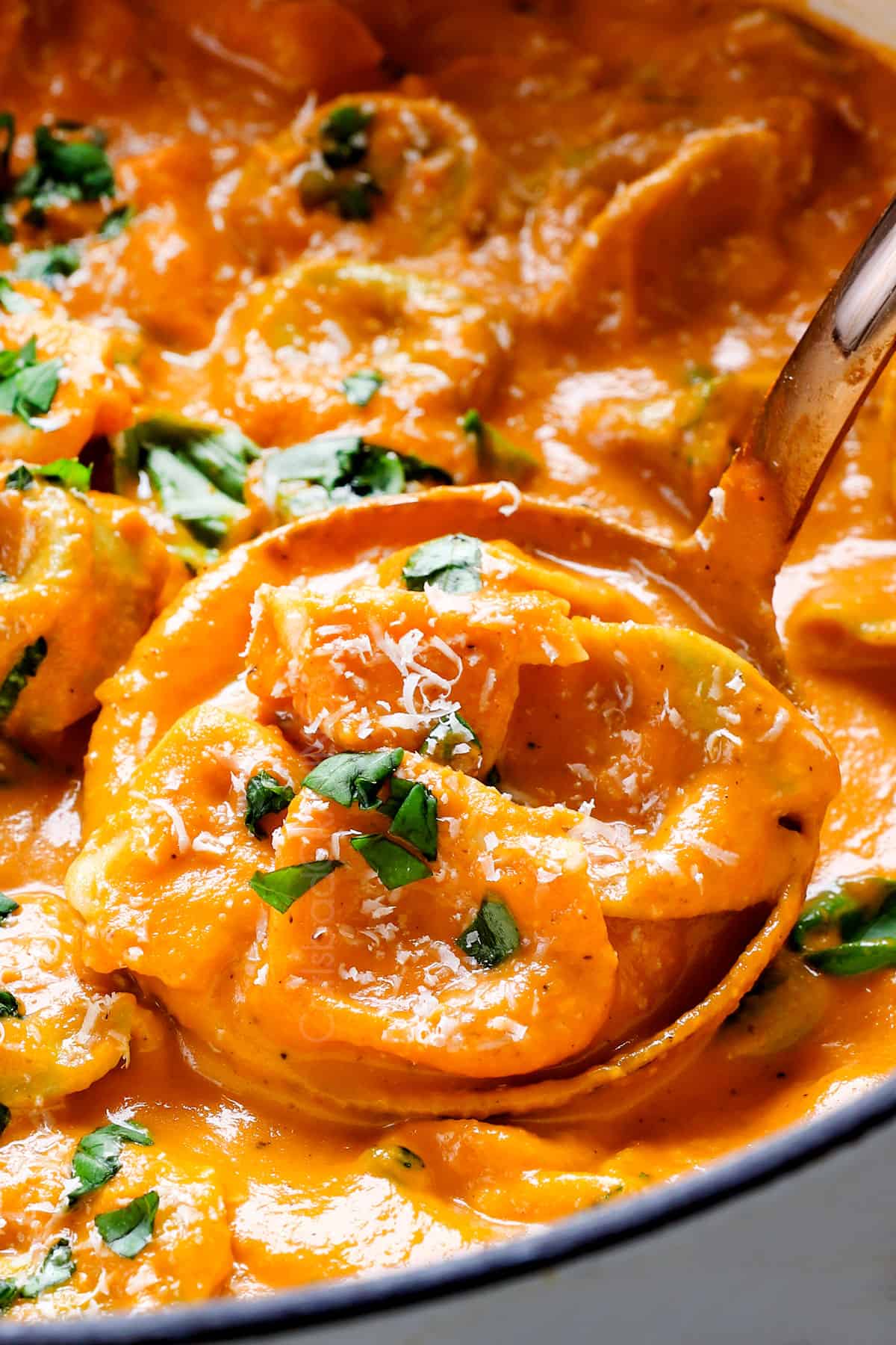 up close of a ladle of tomato tortellini soup recipe garnished with Parmesan