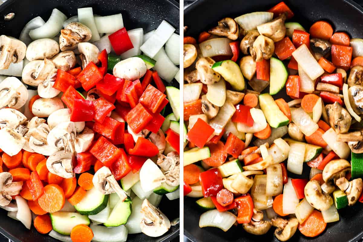 a collage showing how to make hibachi chicken recipe by stir frying the vegetables