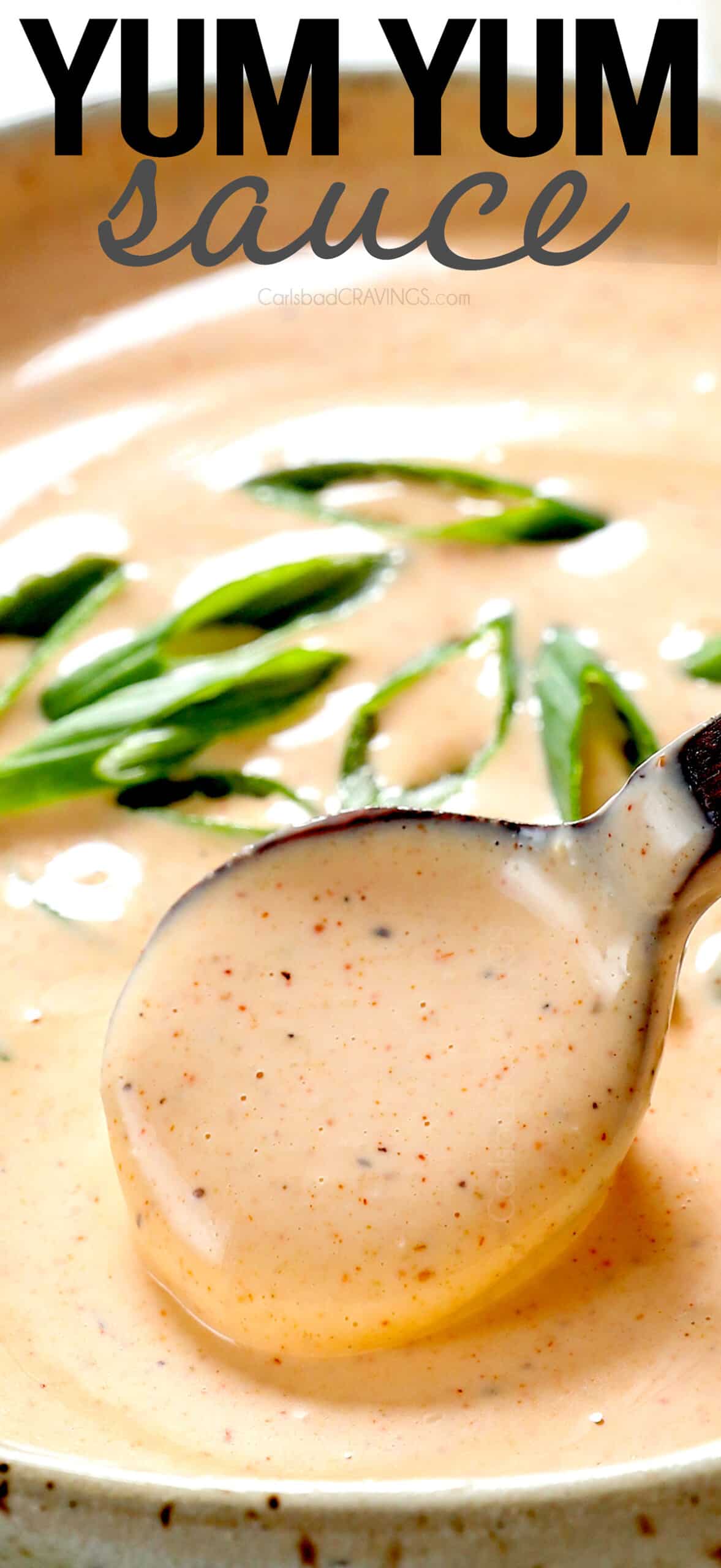 up close of a spoonful of homemade yum yum sauce showing how creamy it is