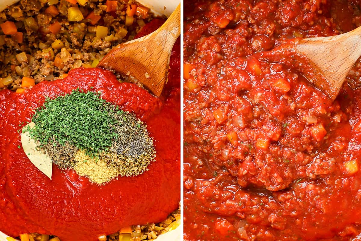 a collage showing showing how to make easy baked rigatoni recipe (rigatoni al forno) by adding Italian spices, crushed tomatoes to the pot and stirring it into the sausage