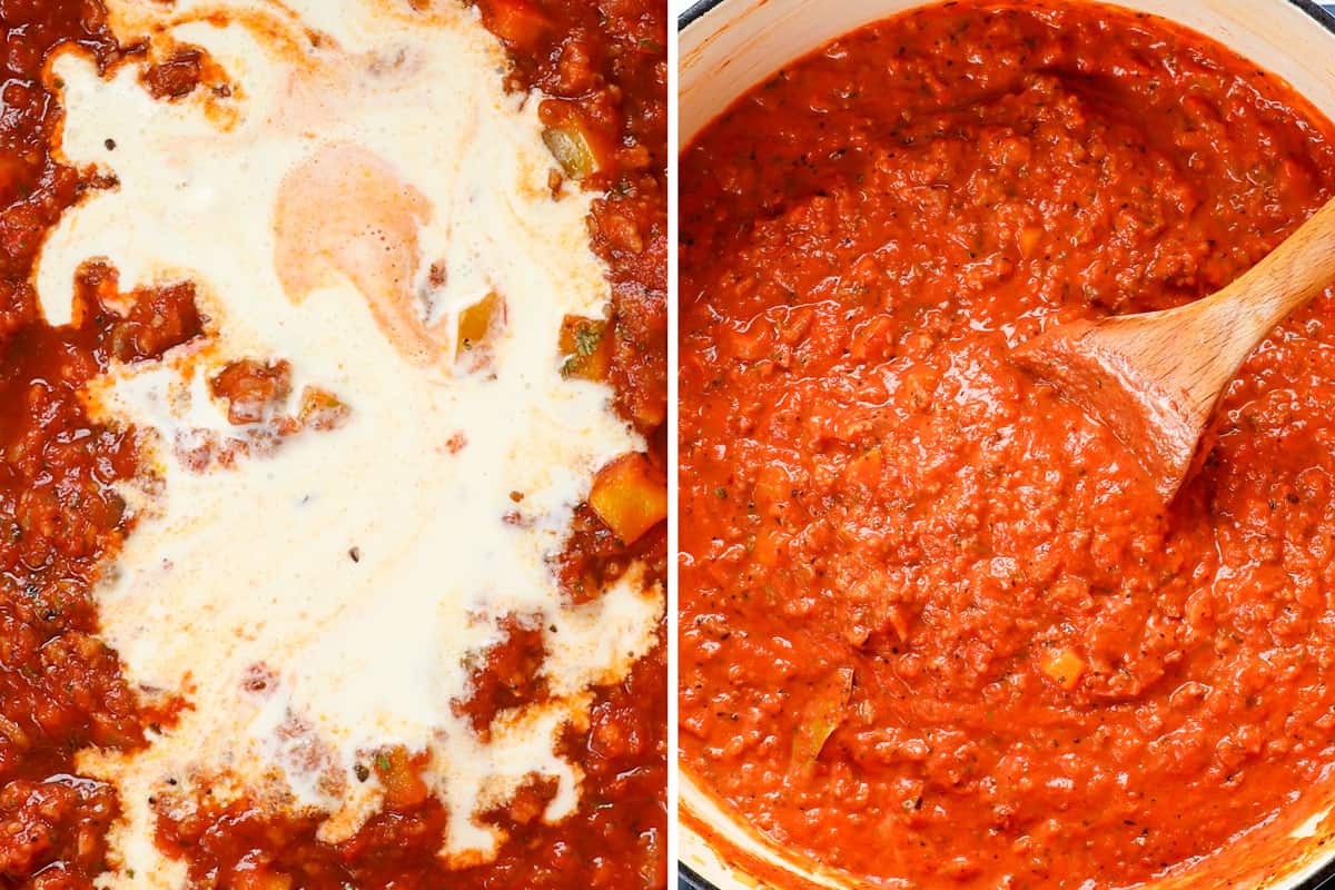 a collage showing how to make easy baked rigatoni recipe (rigatoni al forno) by adding heavy cream to the sauce and stirring it in before baking