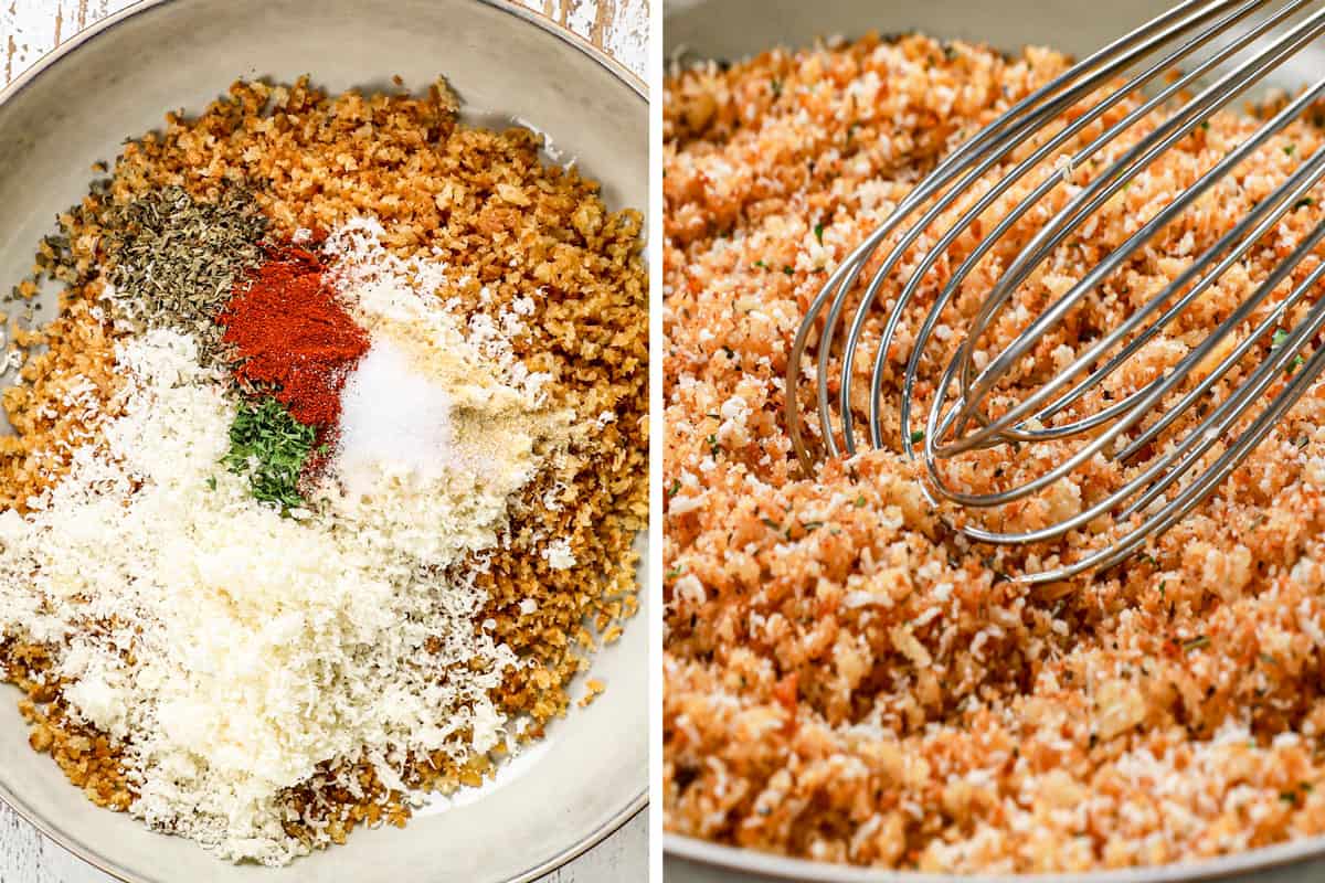 a collage showing how to make chicken cordon bleu recipe by adding panko, Parmesan and spices and to a bowl then whisking together