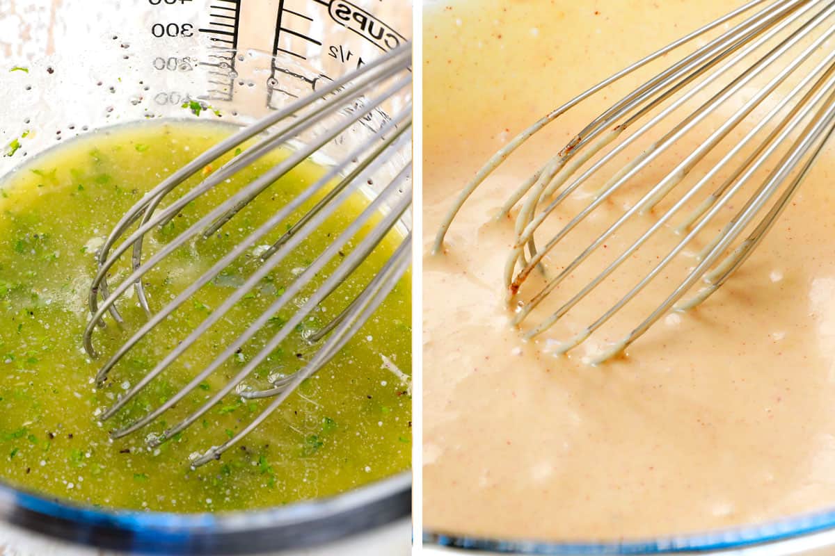 a collage showing how to make ham and cheese sliders recipe by whisking together butter, herbs and poppy seeds to to make butter sauce and whisking together honey, mustard and mayonnaise to make the spread