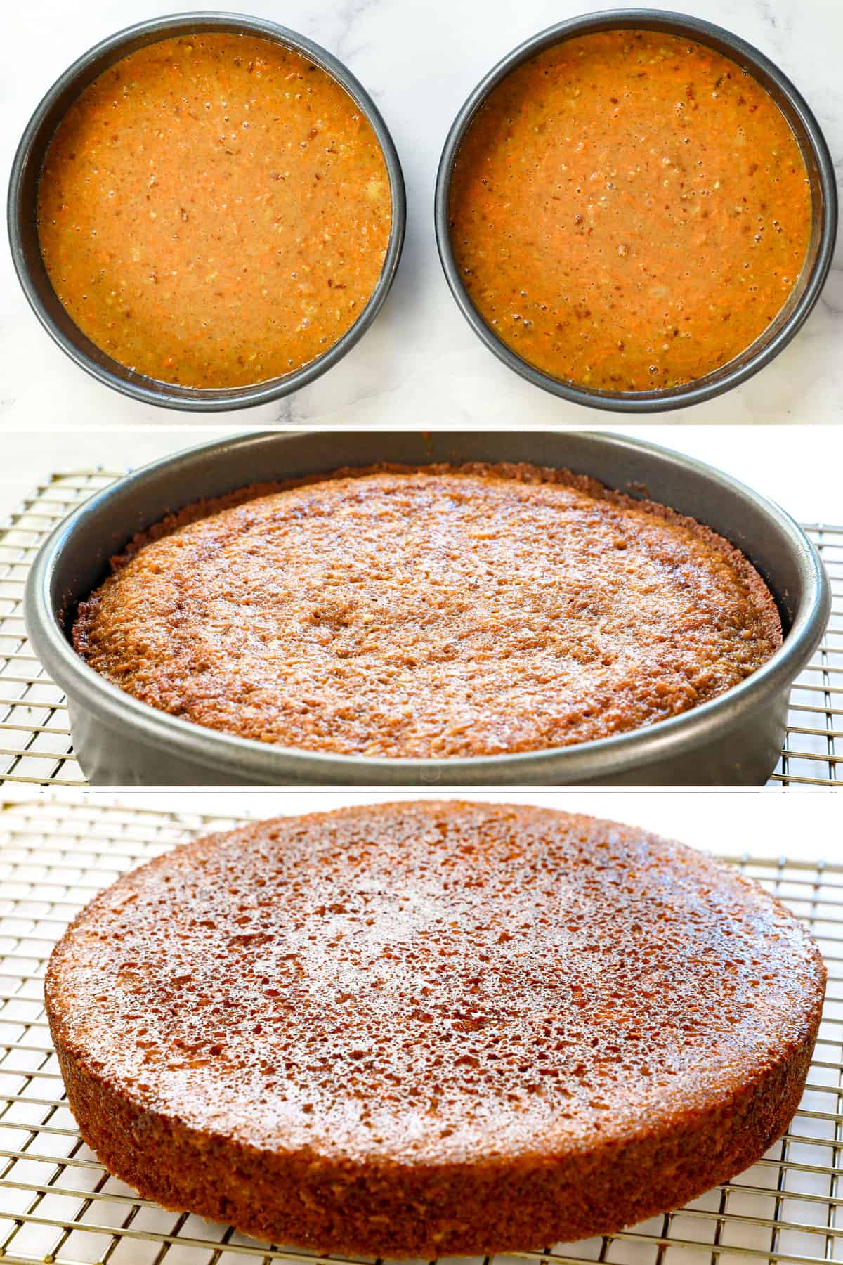 a collage showing how to make carrot cake cheesecake by adding cake batter to round pans, baking the cake, then cooling the cakes on a wire rack