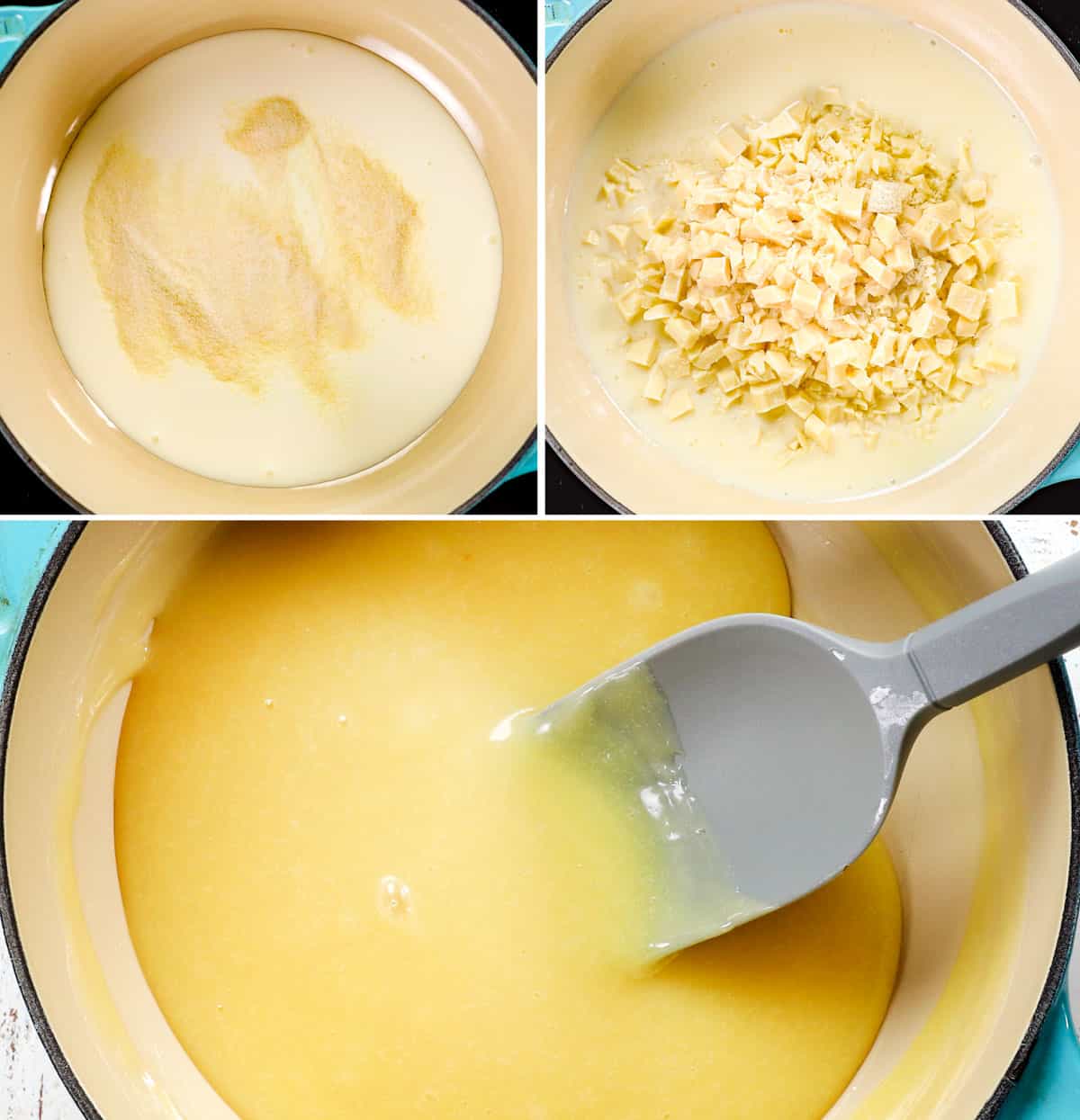 a collage showing how to make carrot cake cheesecake by melting white chocolate with heavy cream in a saucepan