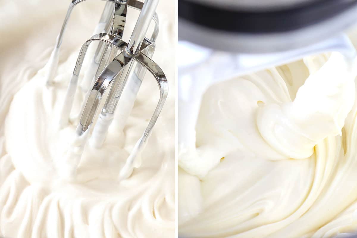 a collage showing how to make carrot cake cheesecake by beating heavy creamy until stiff peaks form, then beating cream cheese in a mixer until creamy