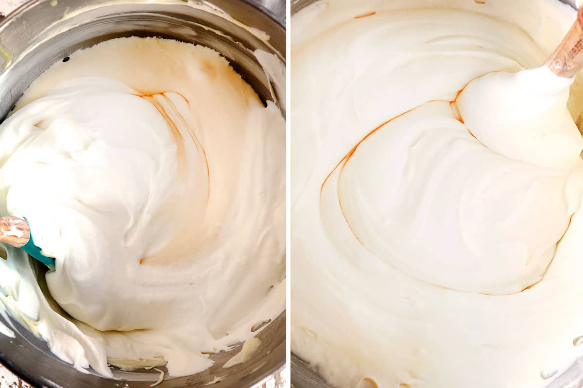 a collage showing how to make carrot cake cheesecake by folding the white chocolate into the cream cheese to make the cheesecake