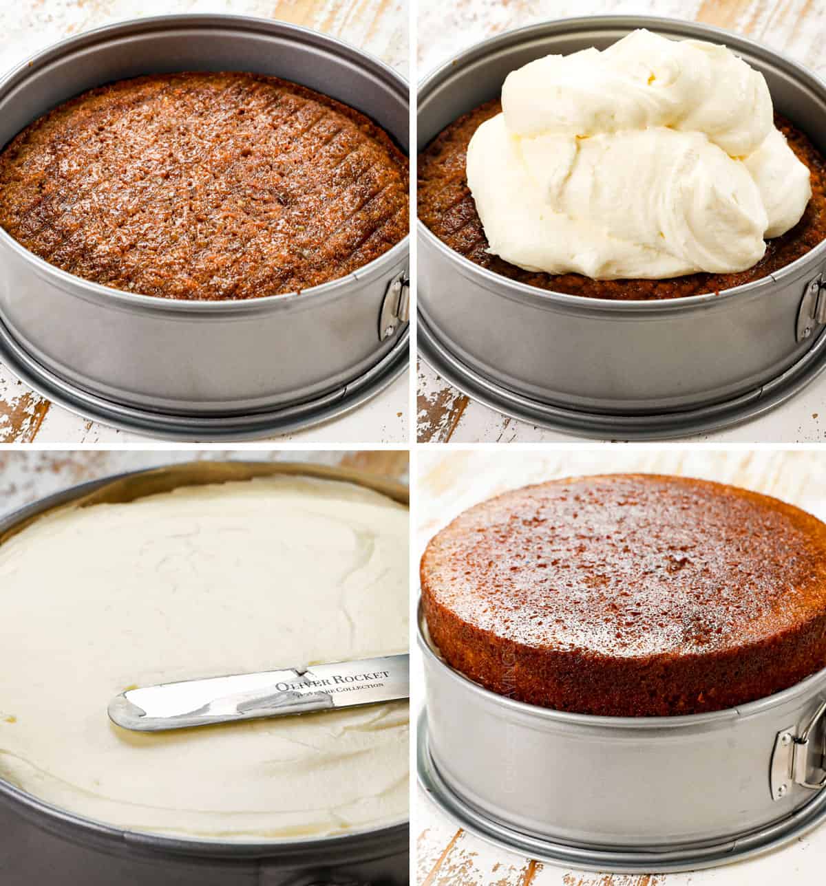 a collage showing how to make carrot cake cheesecake by placing one carrot cake round in a springform pan, topping with cheesecake, then topping with a second carrot cake round