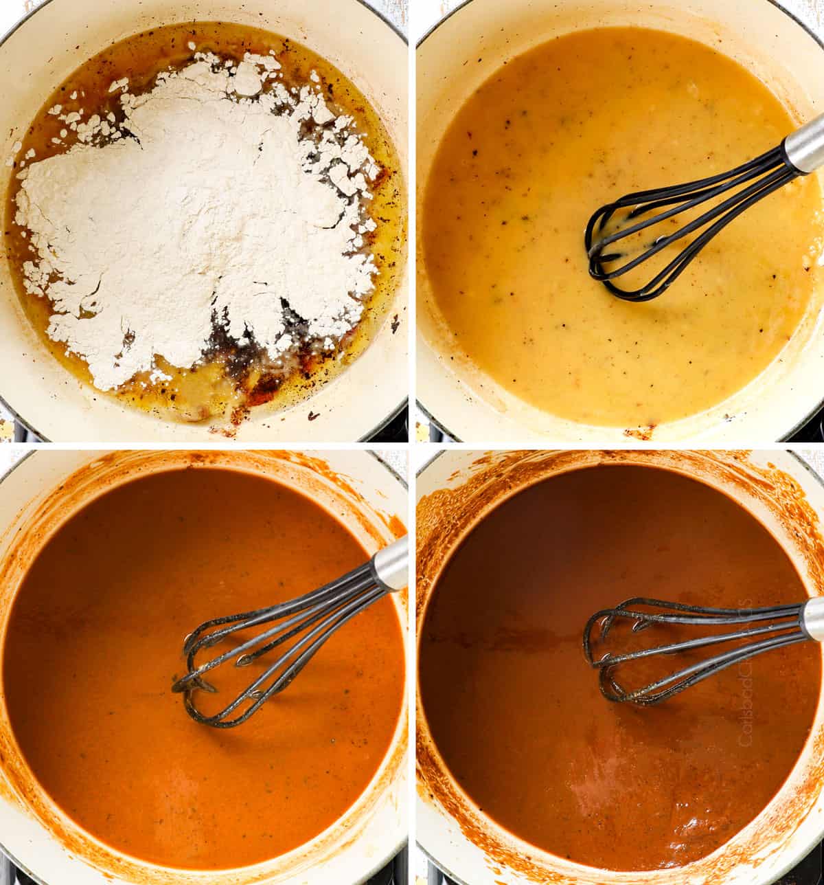a collage showing how to make gumbo by cooking roux from blond, to chocolate to dark chocolate brown color