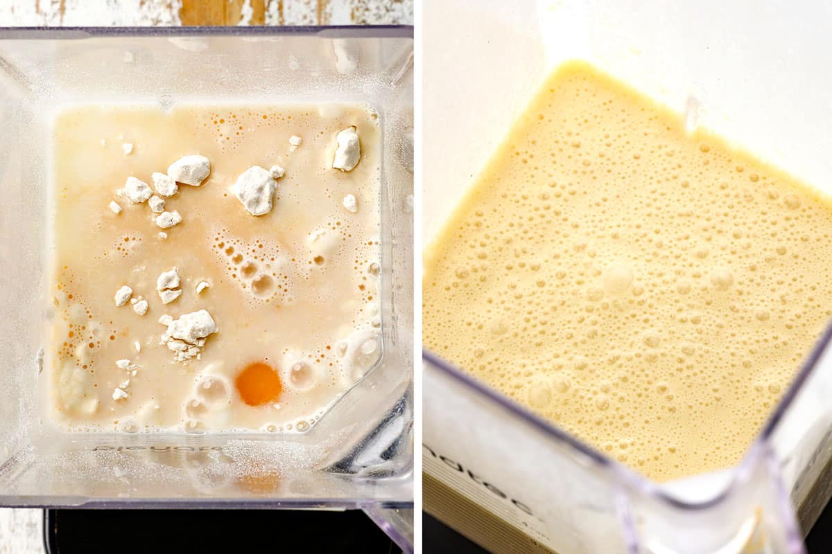 a collage showing how to make crepes by adding flour, milk, eggs, sugar and vanilla to a blender and blending until smooth 