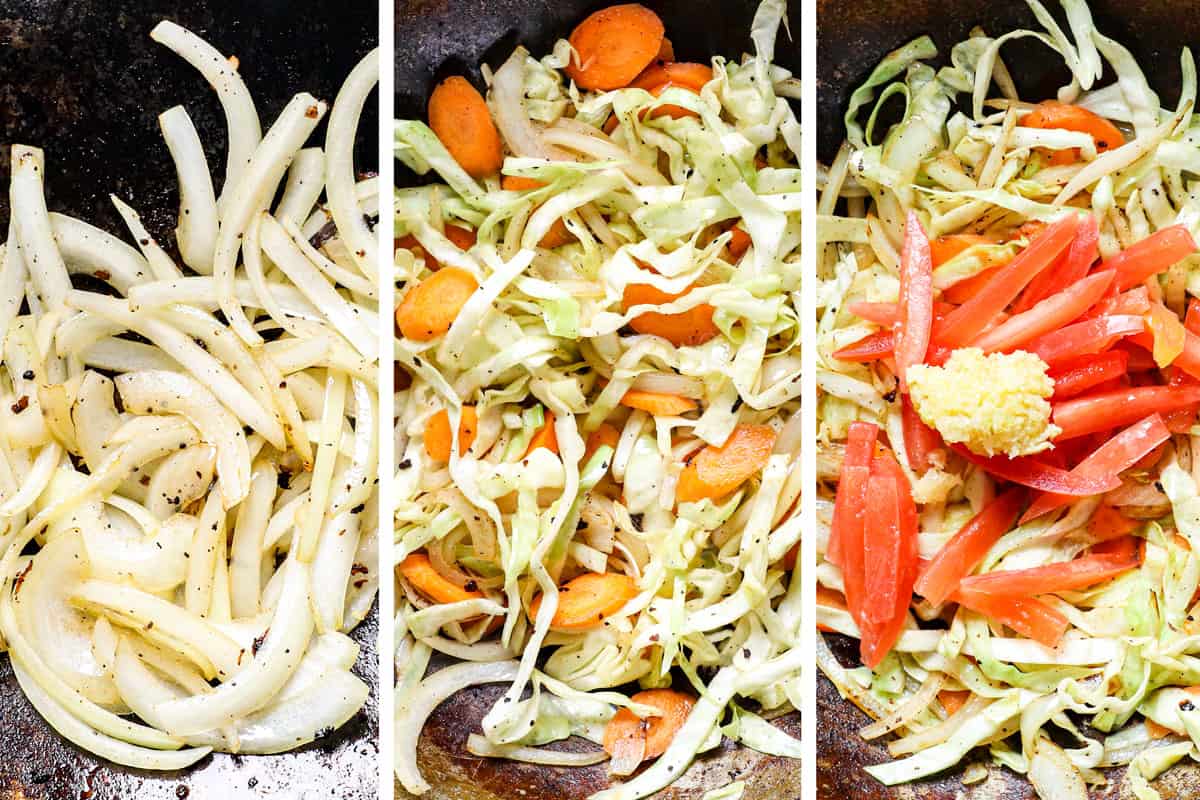 a collage showing how to make Thai pad woon sen by stir frying the onions, followed by the cabbage and carrots, followed by the tomatoes, garlic and ginger