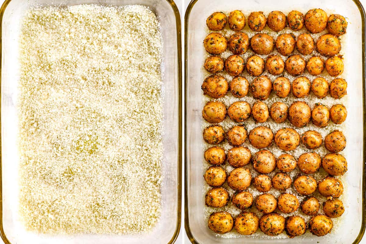 a collage showing how to make Parmesan Crusted Potatoes by adding Parmesan tp a 9x13 pan, then pushing halves baby potatoes into the Parmesan 