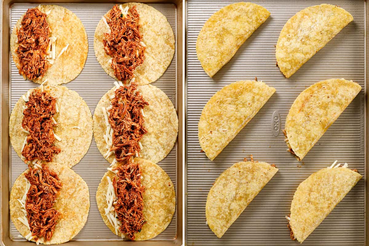 showing how to make baked chicken tacos by adding chicken and cheese to corn tortillas, then folding over to make tacos