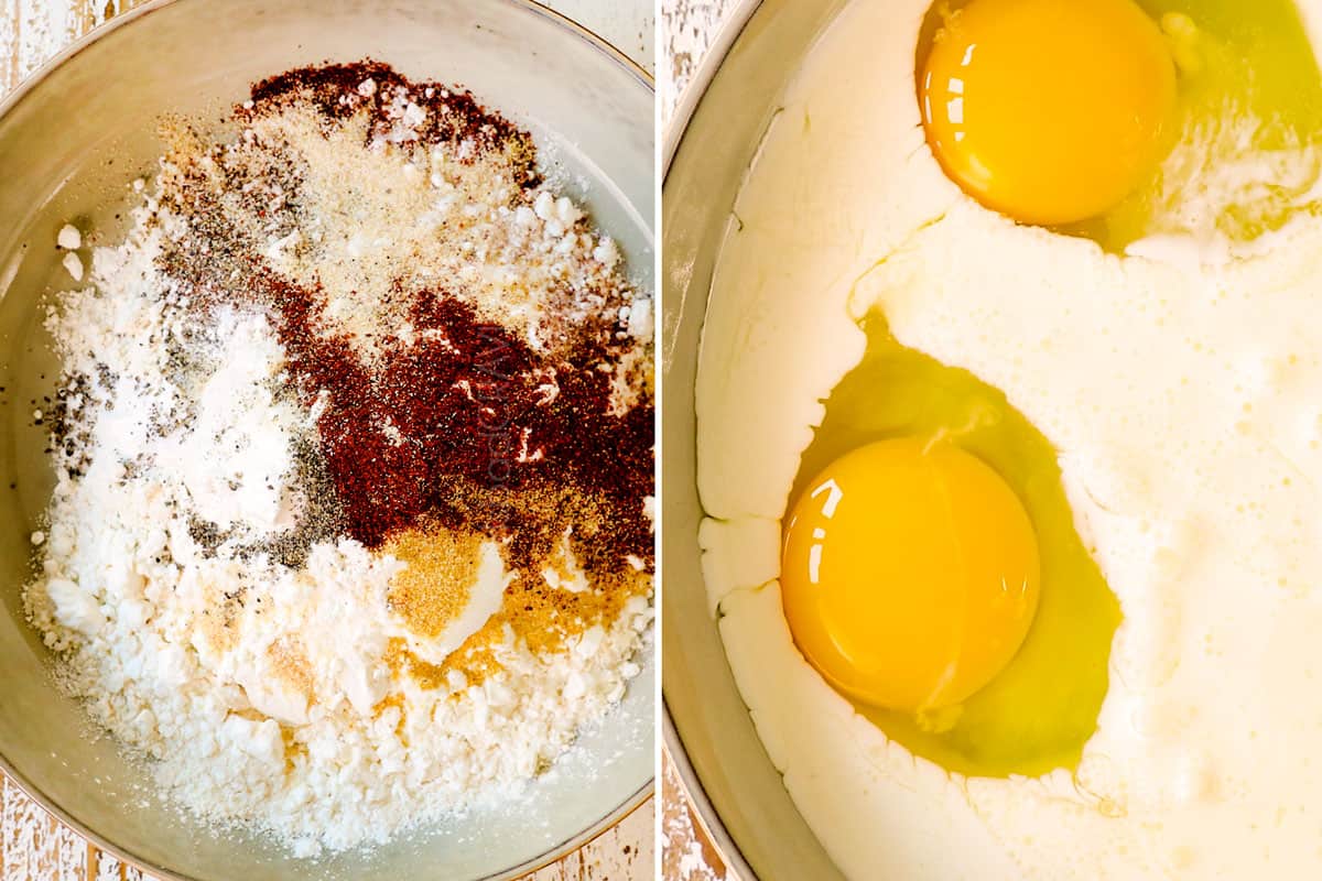 showing how to make chicken fried steak (country fried steak) by whisking flour and seasonings together in one bowl, and eggs and buttermilk together in a second bowl