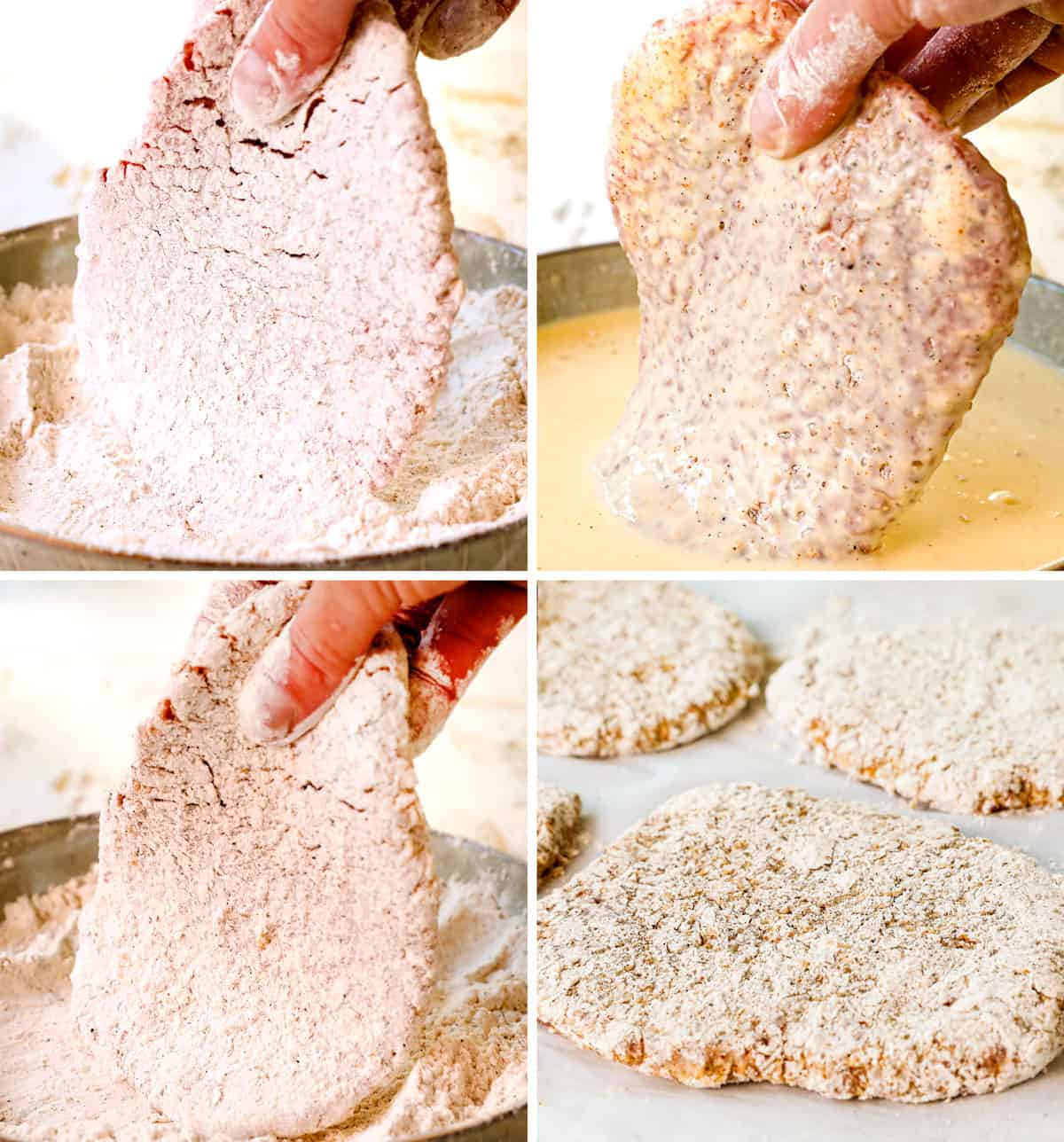 a collage showing how to make chicken fried steak (country fried steak) by dredging in flour, followed by eggs/buttermilk, followed by flour