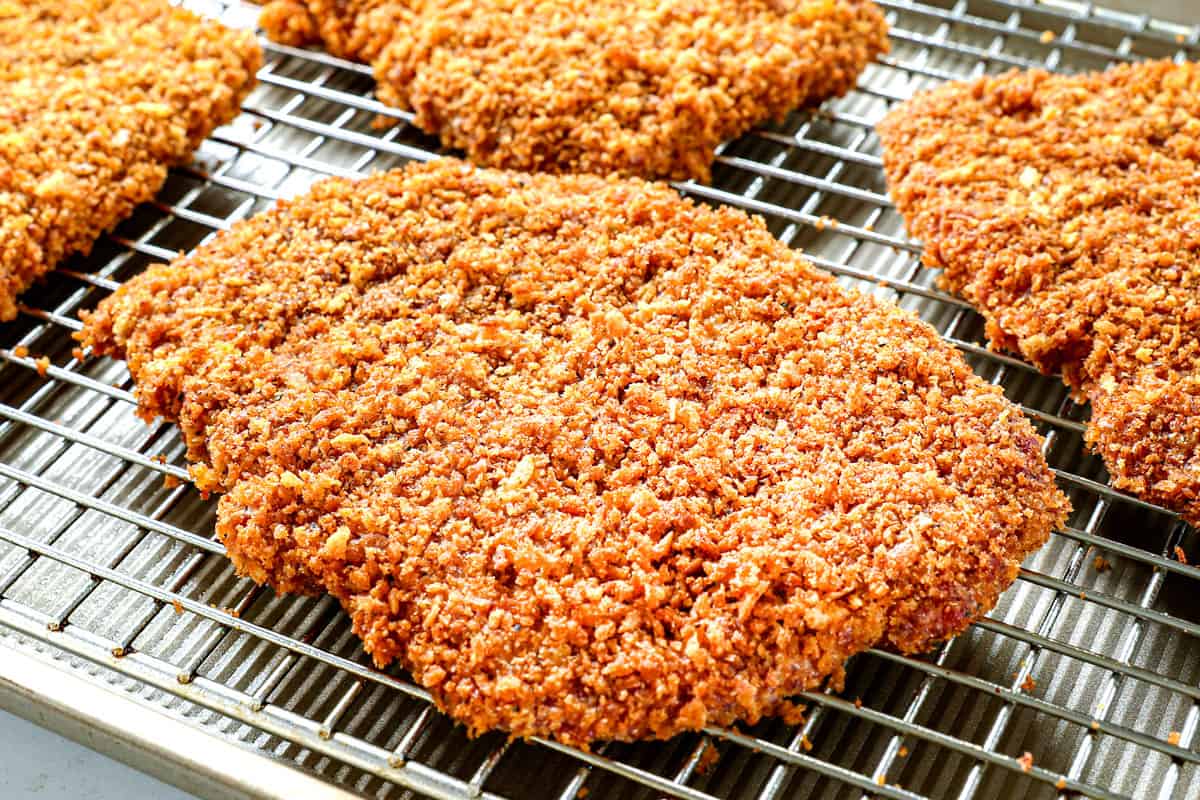 showing how to bake chicken fried steak by coating in panko and baking on a wire rack 