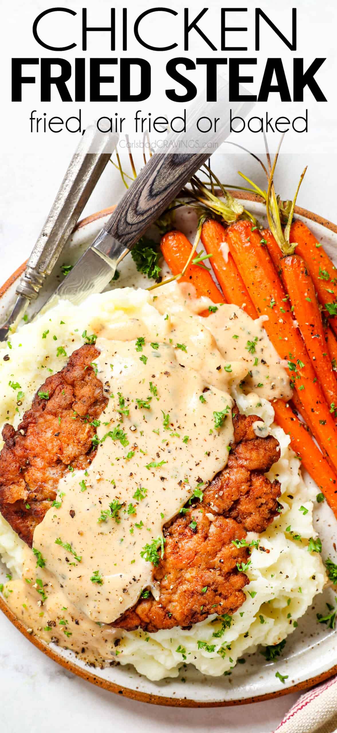 showing how to make chicken fried steak by spooning gravy over top of the steak