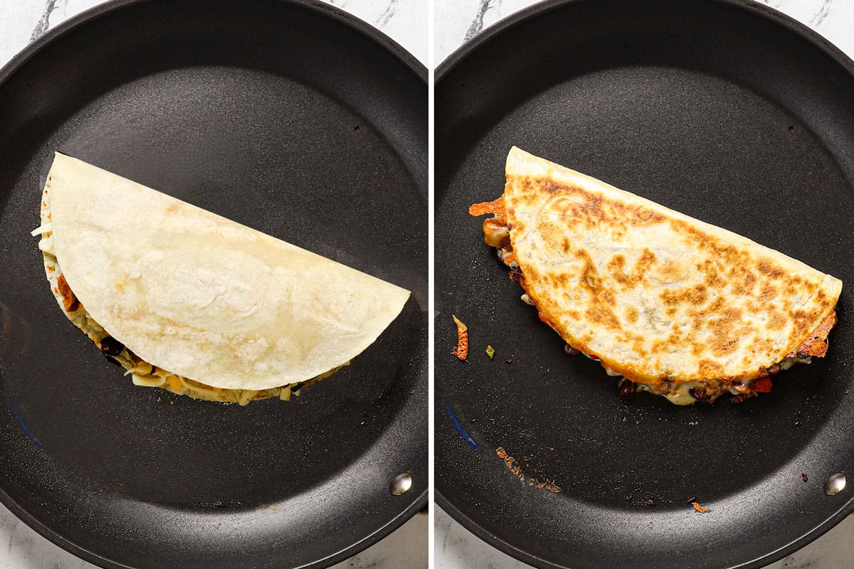 showing how to make chicken quesadillas by folding the tortilla over the filling and cooking until golden